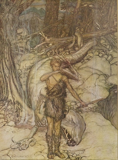 Wagner, Richard - The Ring of the Niblung. 2 vols. (The Rhinegold and The Valkyrie; Siegfried and the Twilight of the Gods). With illustrations by Arthur Rackham. Translated by Margaret Armour. pictorial titles, 64 colou